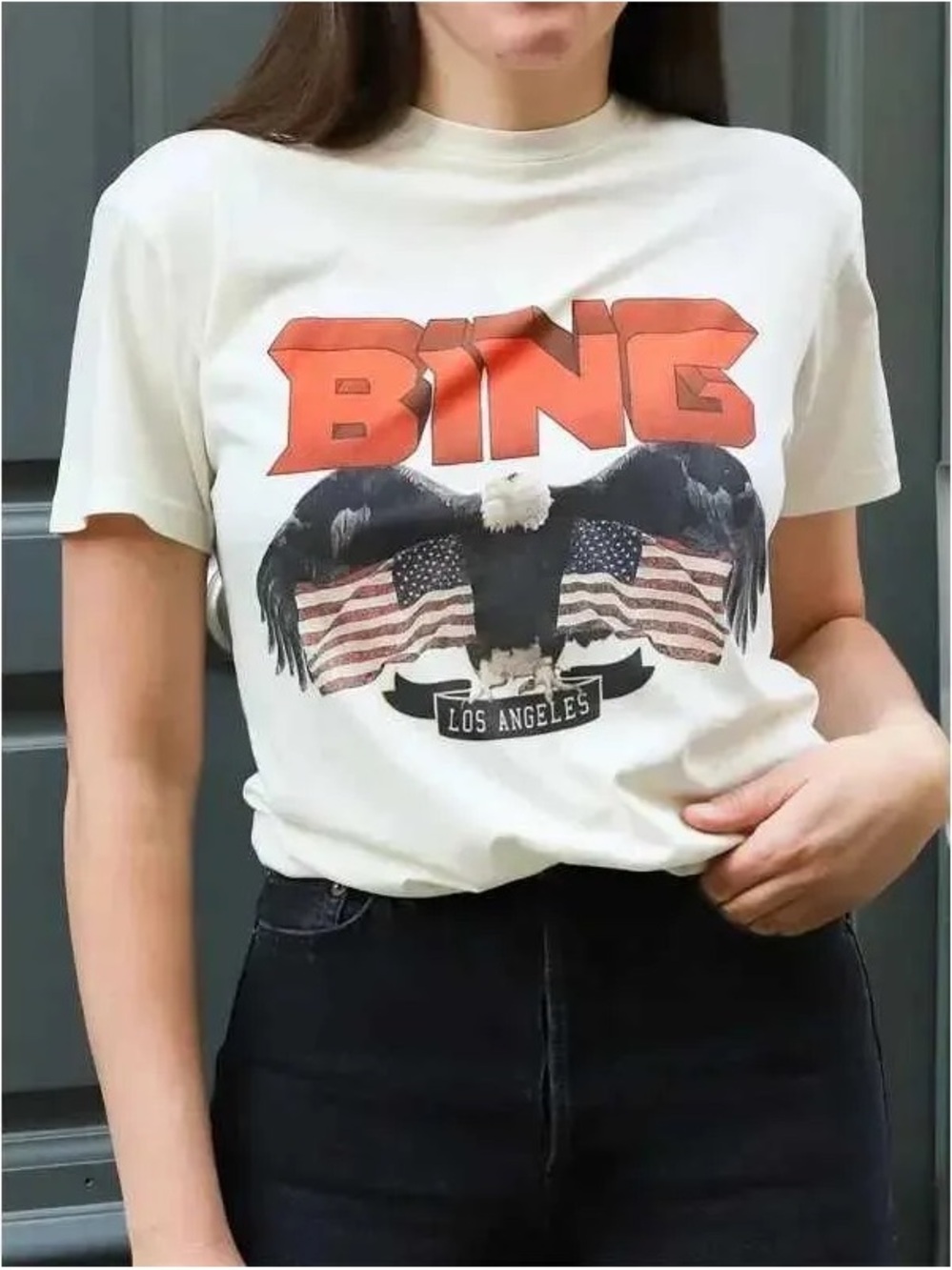 Anine Bing Cream Crewneck Tee with Eagle Logo Small